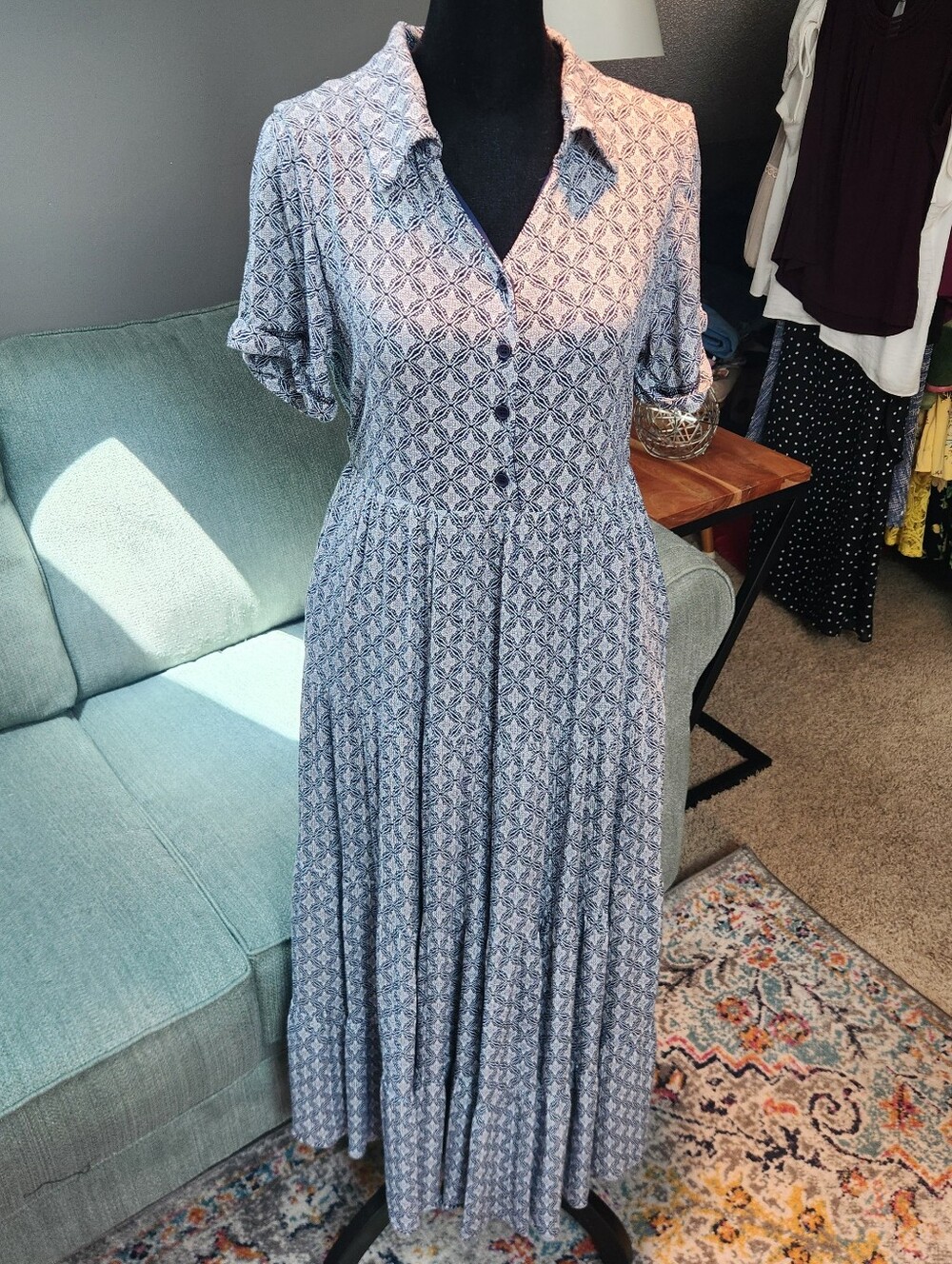 Leia N Co Blue Patterned Button-Front Maxi Dress Medium Good Condition!